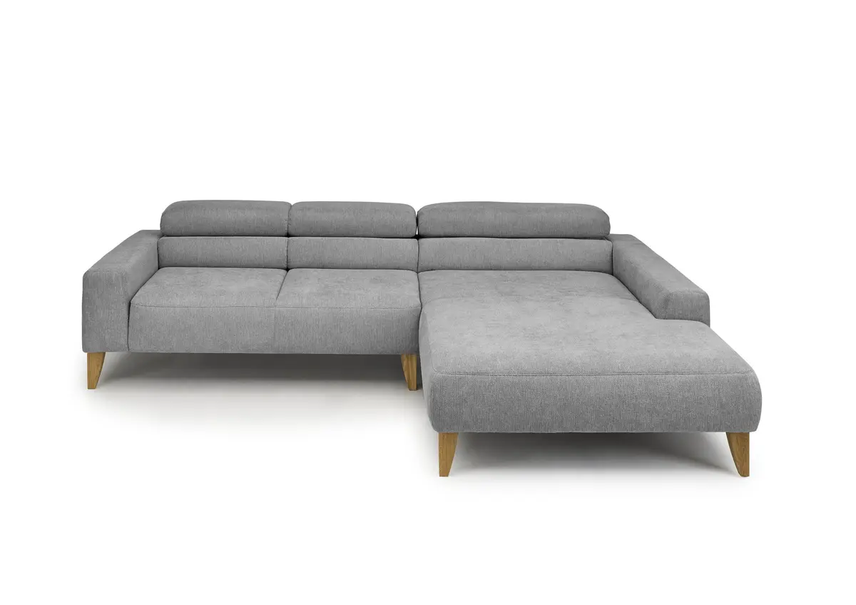 Ecksofa CHENOA - 2-Sitzer mit Longchair rechts, Kopfteil verstellbar, Stoff, Steingrau