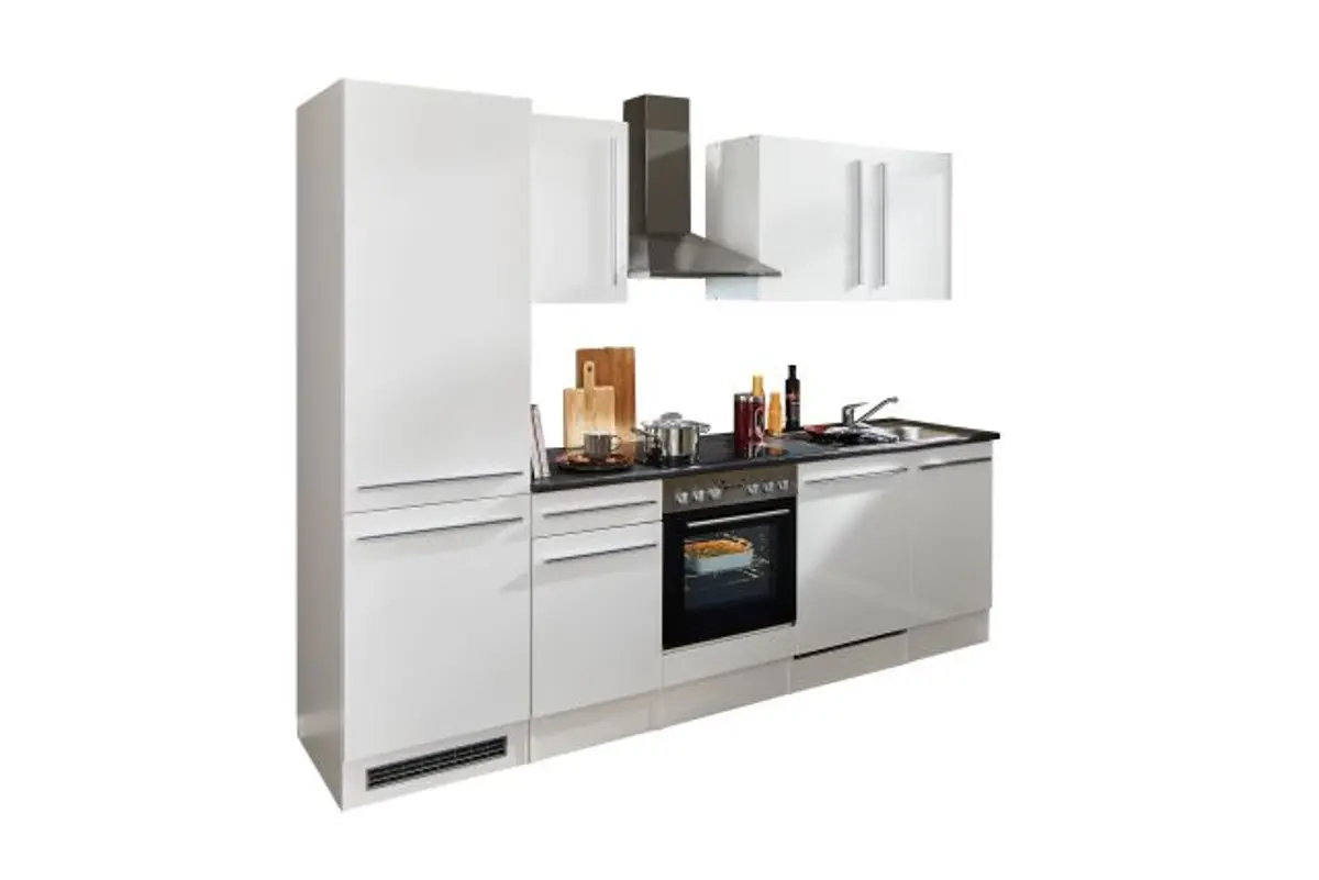 Küchenblock- Inkl. E-Geräte, B ca. 280cm, Weiß, Weiß Hochglanz