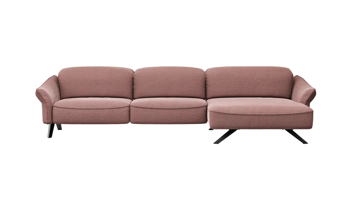 Ecksofa Bormio - 3-Sitzer mit Longchair rechts, Kopfteilverstellung, Stoff, Pfirsich