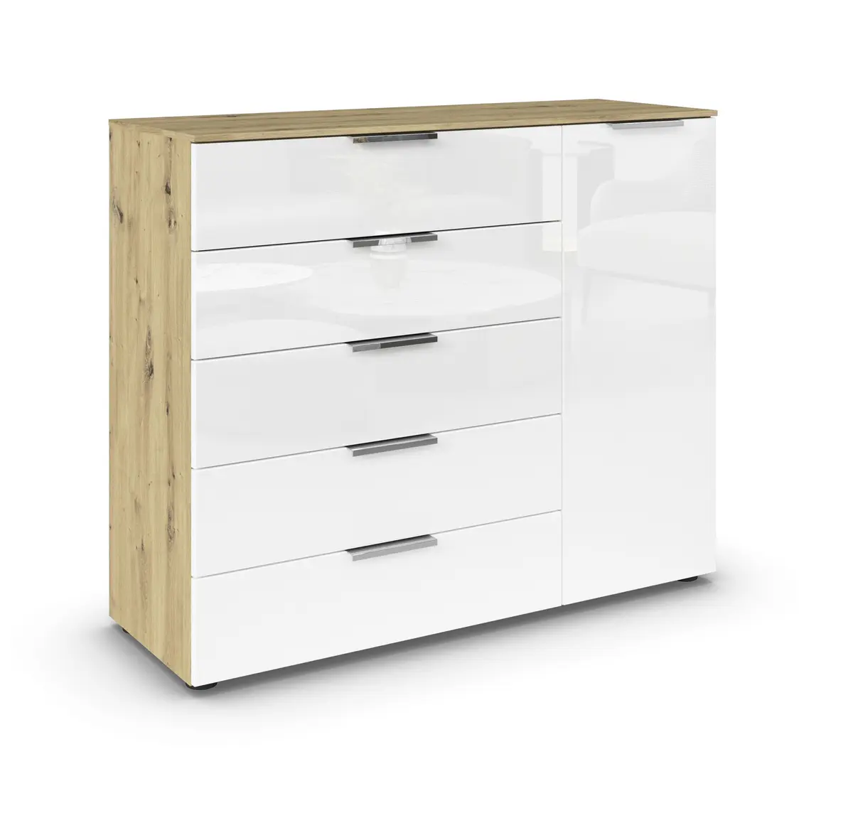 Kommode RIPP- Eiche Dekor, Glas, Weiß