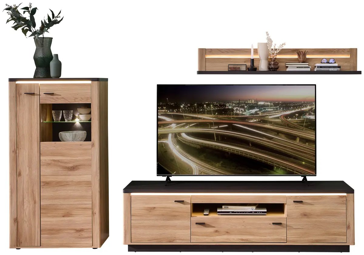 Wohnwand - mit Beleuchtung, Eiche Nachbildung, Eiche dunkel Nachbildung