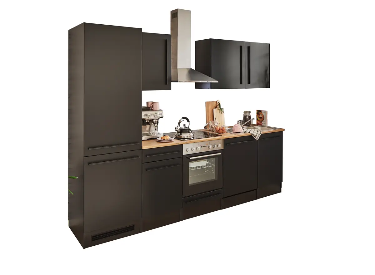 Küchenblock- Inkl. E-Geräte, B ca. 280 cm, Schwarz, Matt