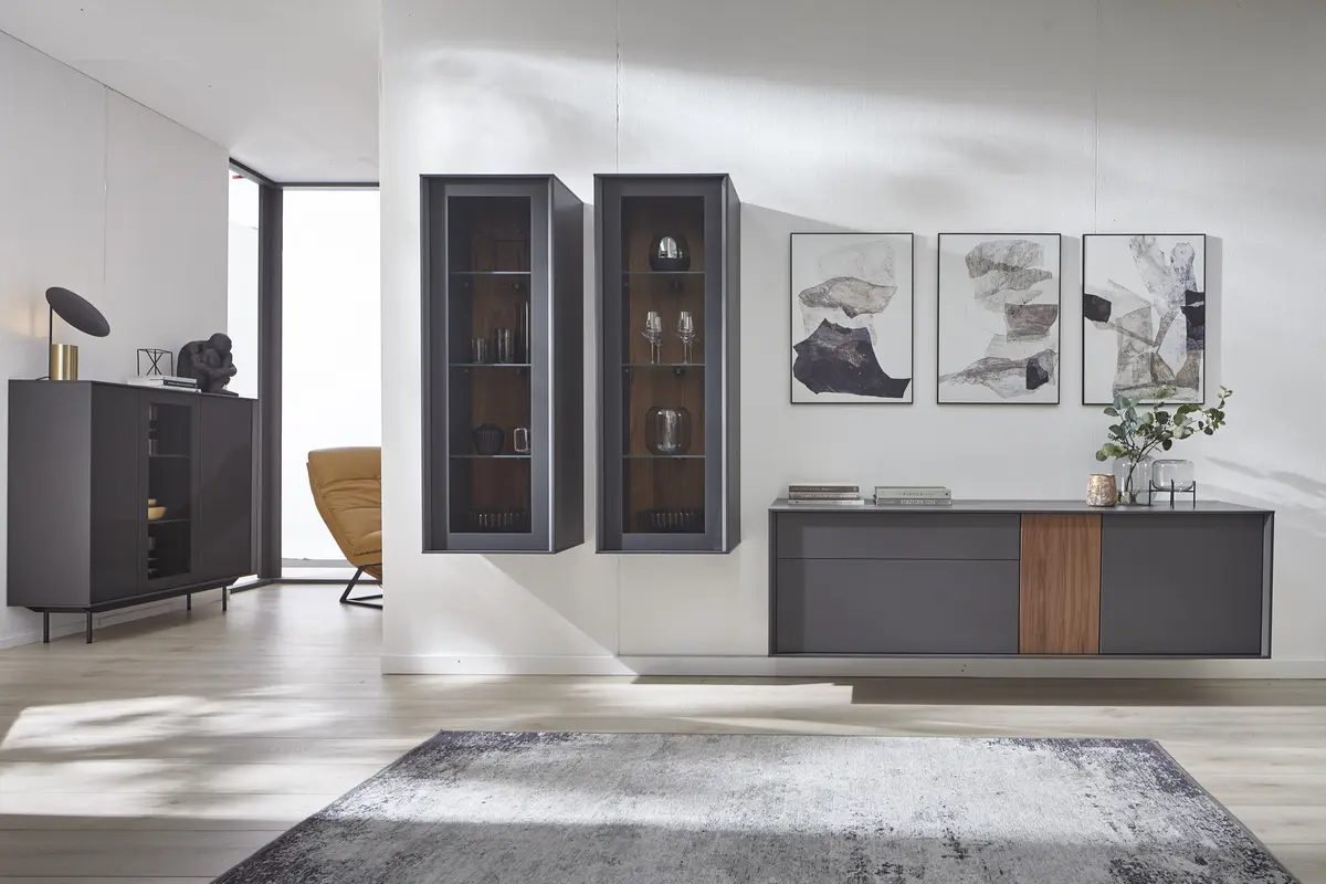 Wohnwand Parano - Lack Anthrazit, Nussbaum Satin