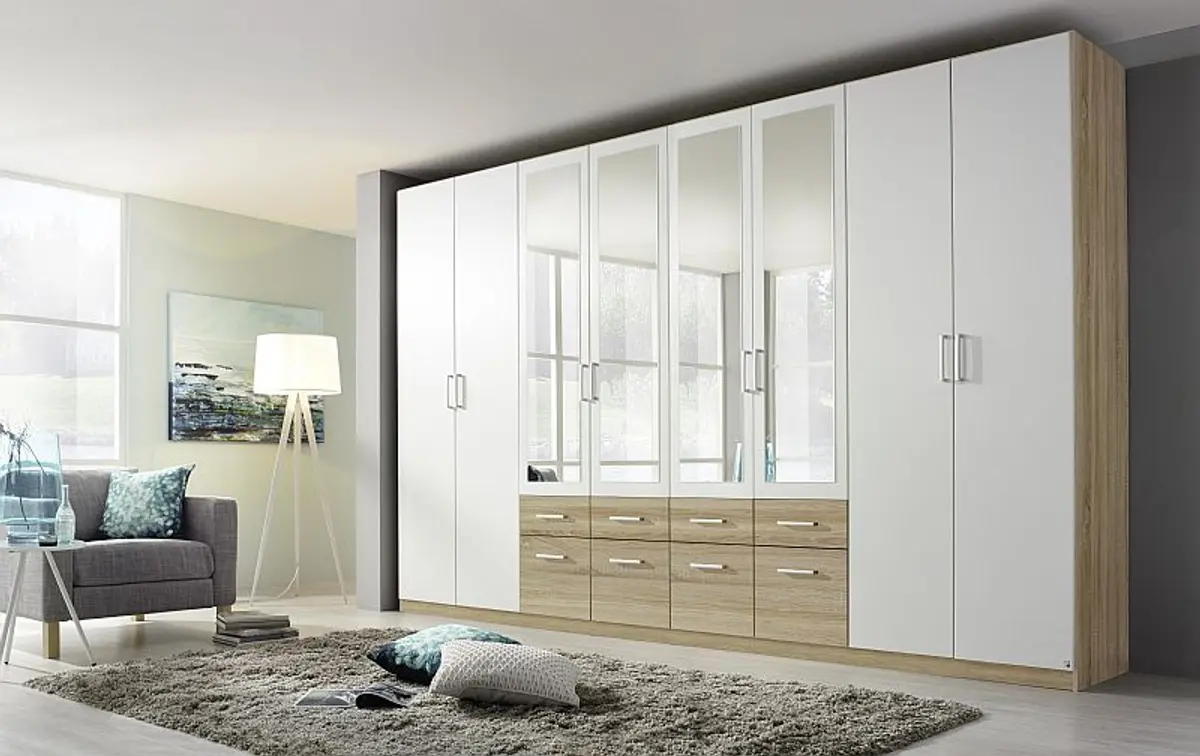 Drehtürenschrank- B ca. 361 cm, Eiche Dekor, Weiß, Spiegel