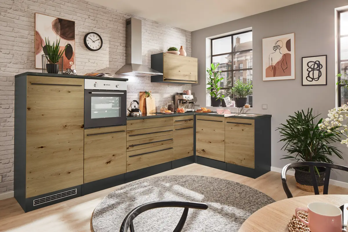 Küchenblock Eck- Inkl. E-Geräte, B ca. 320 cm, Anthrazit, Eiche Dekor