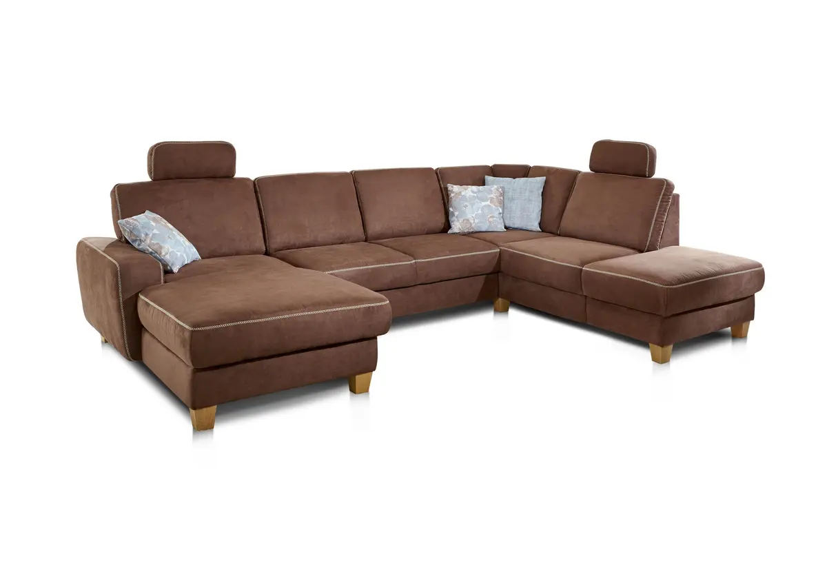 Wohnlandschaft - Longchair mit 2,5 Sitzer und Ottomane rechts, Stoff, Braun