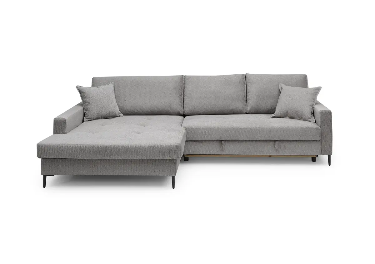 Ecksofa - Longchair links mit 3-Sitzer, Schlaffunktion mit Bettkasten, Stoff, Eisengrau