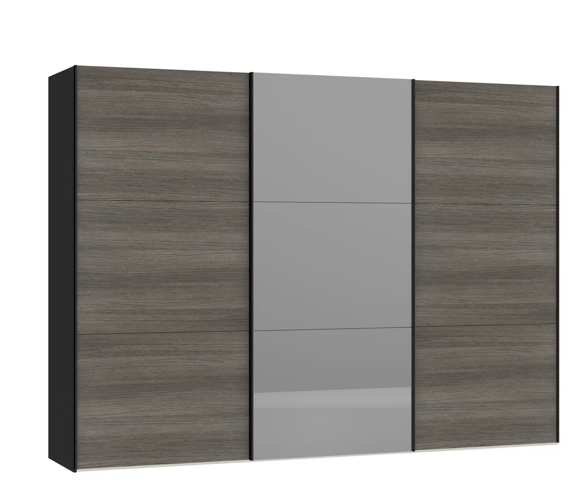 Schwebetürenschrank JOIN IT- B ca. 303 cm, Schwarz, Dunkelgrau, Spiegel, Dunkel