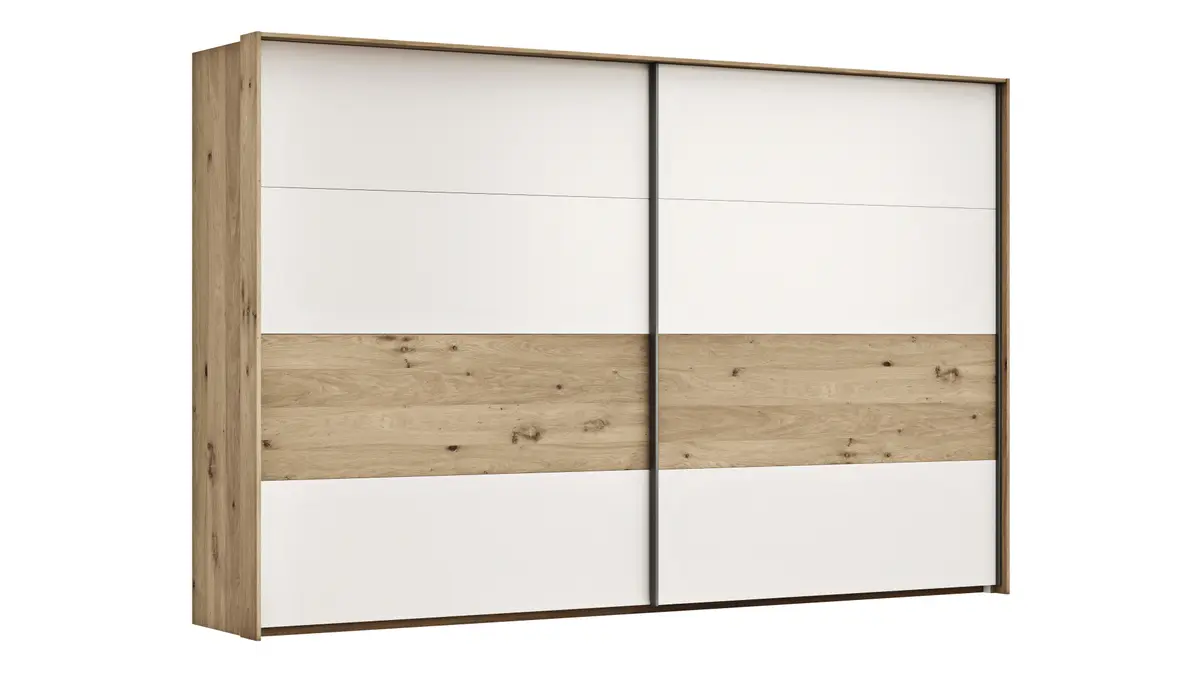 Schwebetürenschrank Viana - B ca. 338 cm, Furnier, Balkeneiche, Weiß