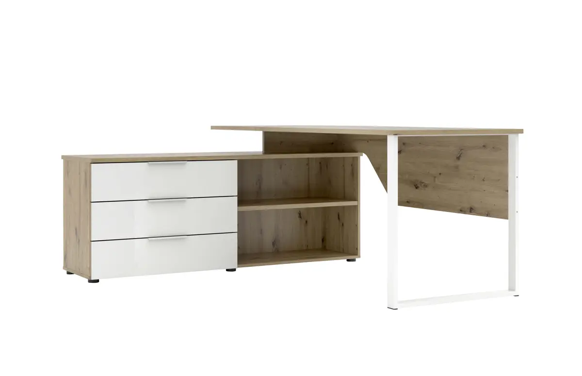Winkelschreibtisch - LB ca. 180x160 cm, Artisan Eiche Nachbildung, Weiß