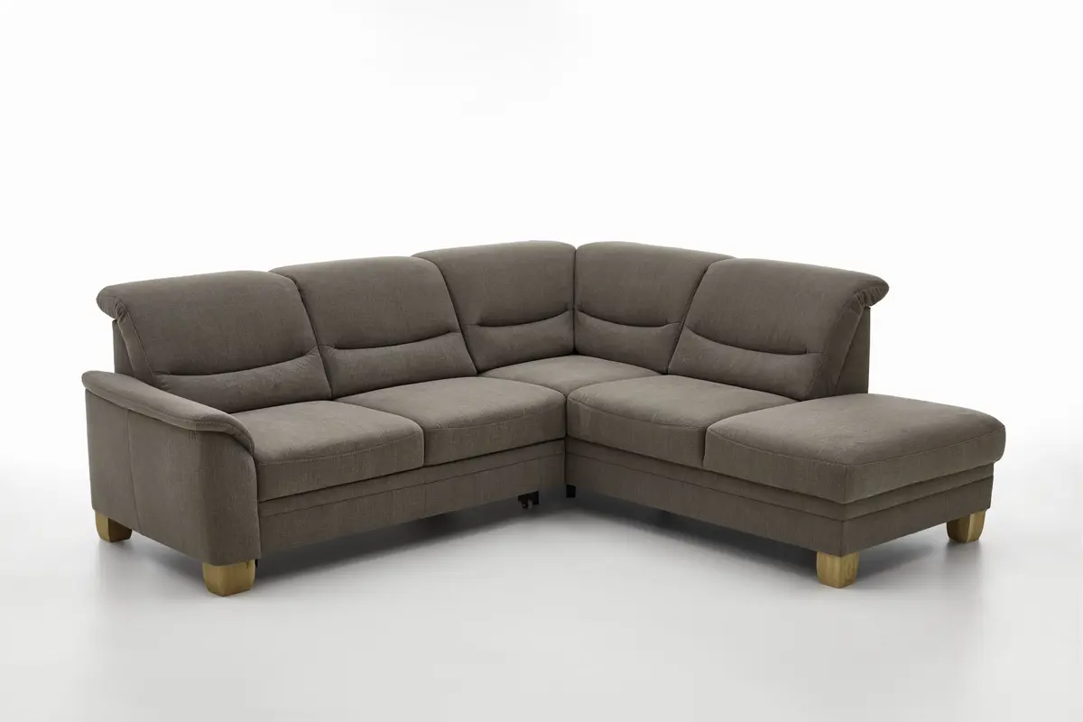 Ecksofa - 2,5-Sitzer mit Ecke rechts, Kopfteil verstellbar (manuell), Flachgewebe, Mandel