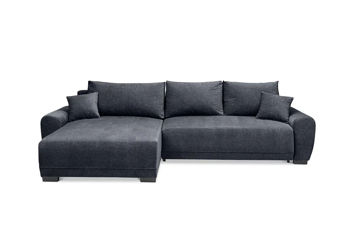 Ecksofa - Longchair links mit 2-Sitzer, Schlaffunktion mit Bettkasten, Stoff, Schwarz