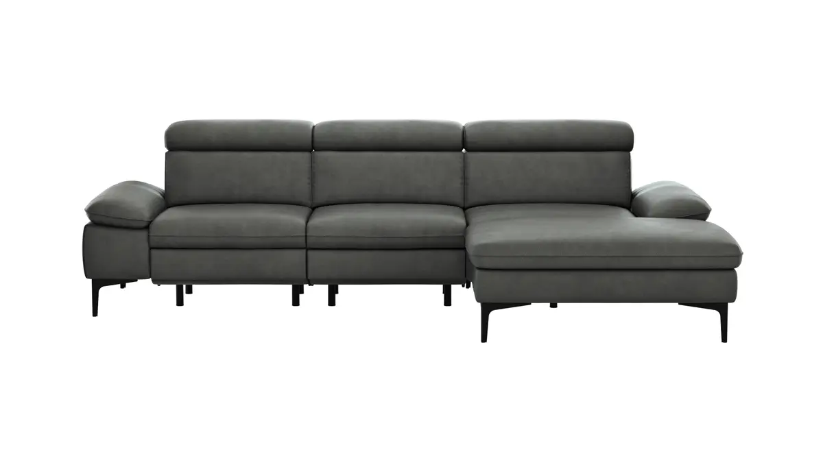 Ecksofa Felipa - 2,5-Sitzer mit Longchair rechts inkl. Armlehne verstellbar und Rückenlehne/Sitztiefe verstellbar (motorisch), Leder, Grau