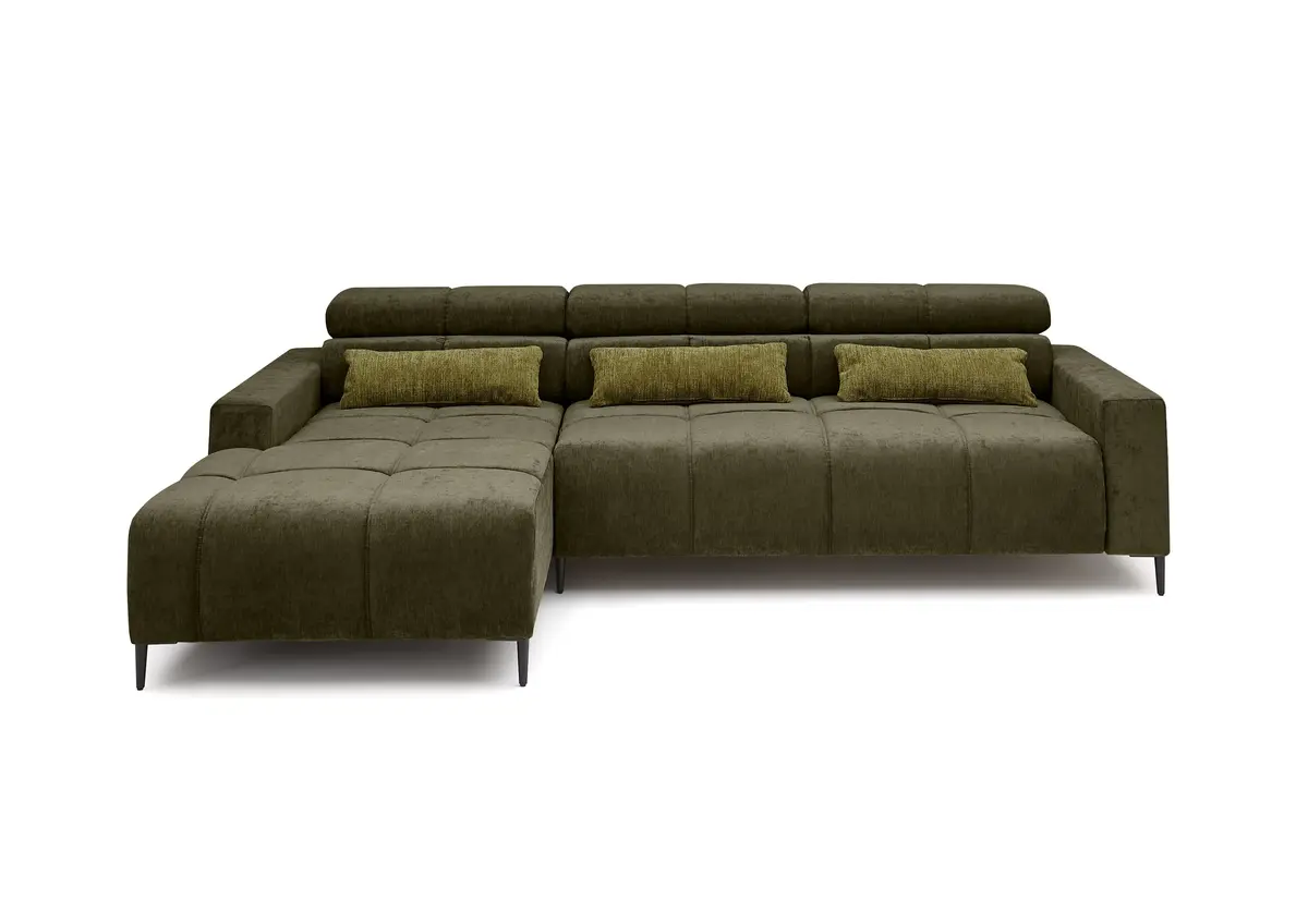 Ecksofa - Longchair links mit 2-Sizer, Sitztiefe verstellbar motorisch/Kopfteil verstellbar, Stoff, Dunkelgrün