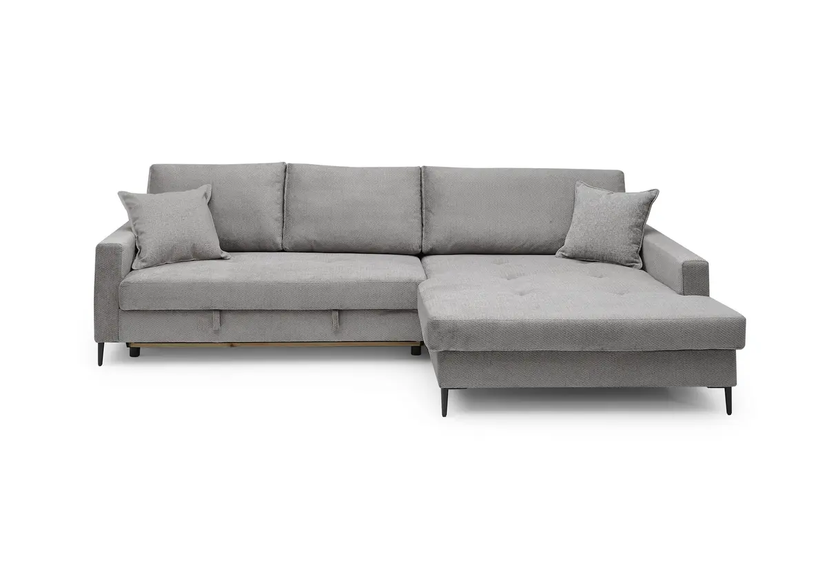 Ecksofa - 3-Sitzer mit Longchair rechts, Schlaffunktion mit Bettkasten, Stoff, Eisengrau