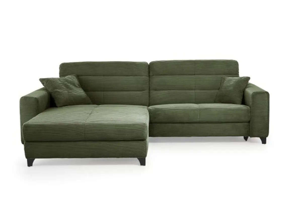 Ecksofa JAROM - 3-Sitzer, Ecke rechts inkl. Relaxfunktion (motorisch) und Kopfteil verstellbar, Stoff, Grün