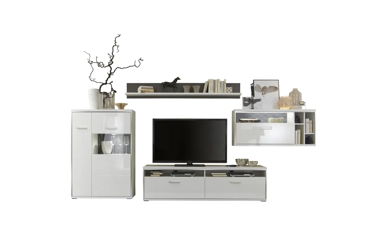 Wohnwand - mit Beleuchtung, Hochglanz, Weiß