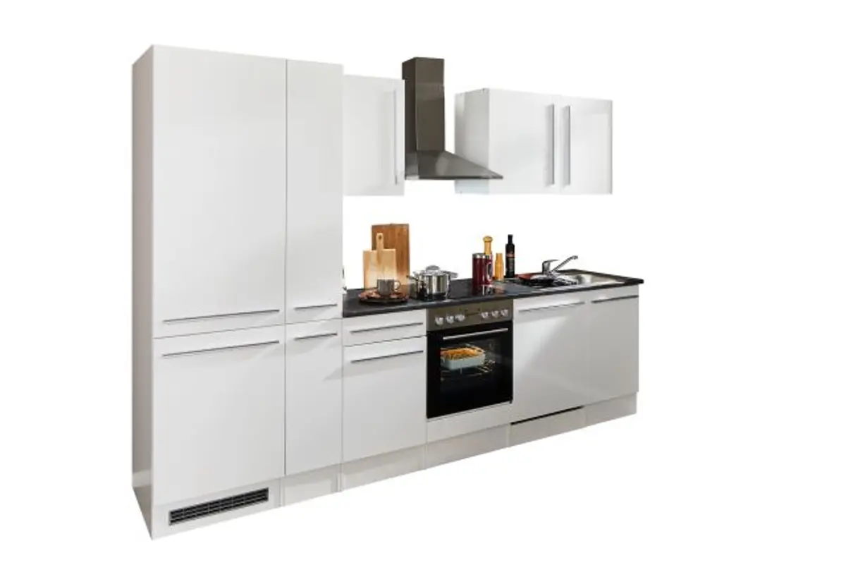 Küchenblock- Inkl. E-Geräte, B ca. 310 cm, Weiß, Weiß Hochglanz