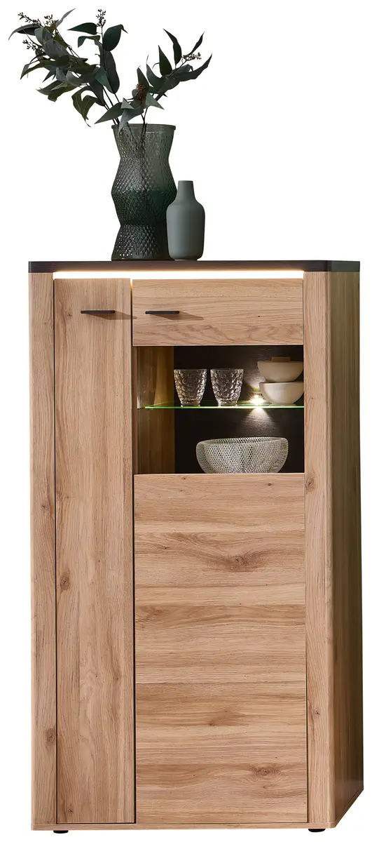 Highboard - mit Beleuchtung, B ca. 78 cm, Eiche Nachbildung, Eiche dunkel Nachbildung