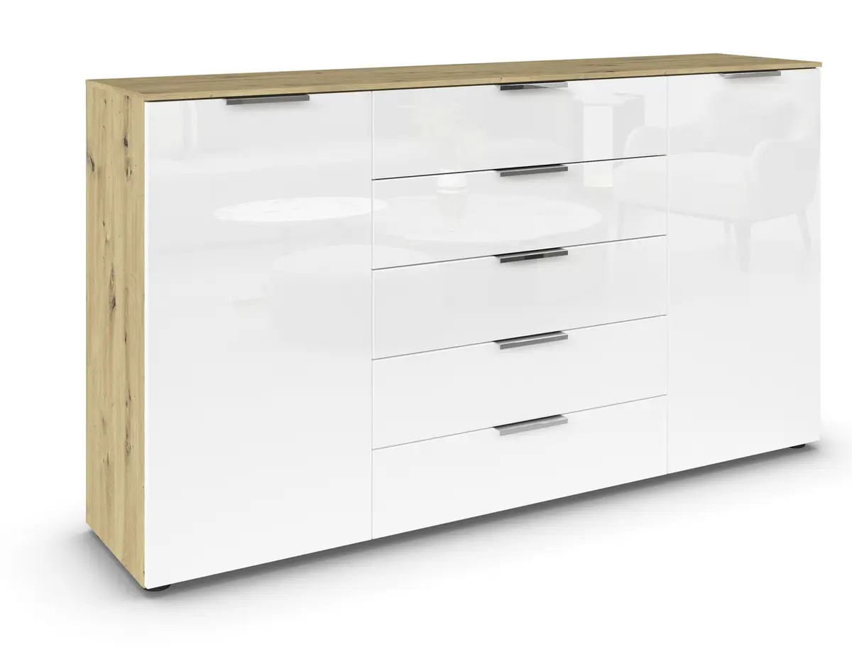 Kommode RIPP- Eiche Dekor, Glas, Weiß