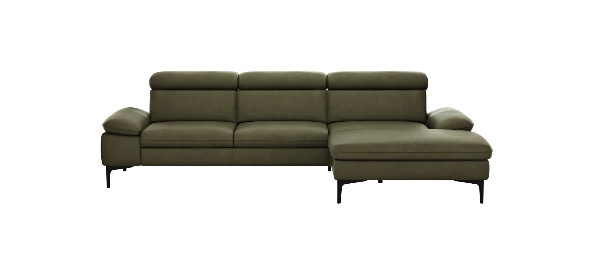 Ecksofa Felipa - 2,5-Sitzer mit Longchair rechts inkl. Kopfteil verstellbar, Leder, Olive 105129