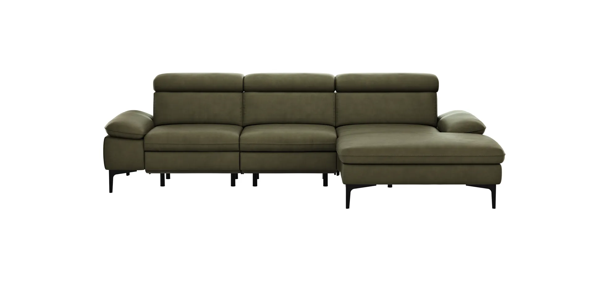 Ecksofa Felipa - 2,5-Sitzer mit Longchair rechts inkl. Armlehne verstellbar und Rückenlehne/Sitztiefe verstellbar (motorisch), Leder, Olive 105117