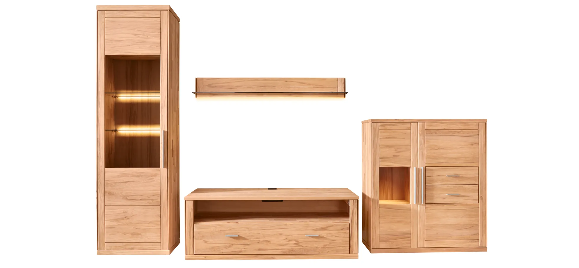 Wohnwand Faro 6.0 - inkl. Beleuchtung, Kernbuche massiv, natur geölt 144799