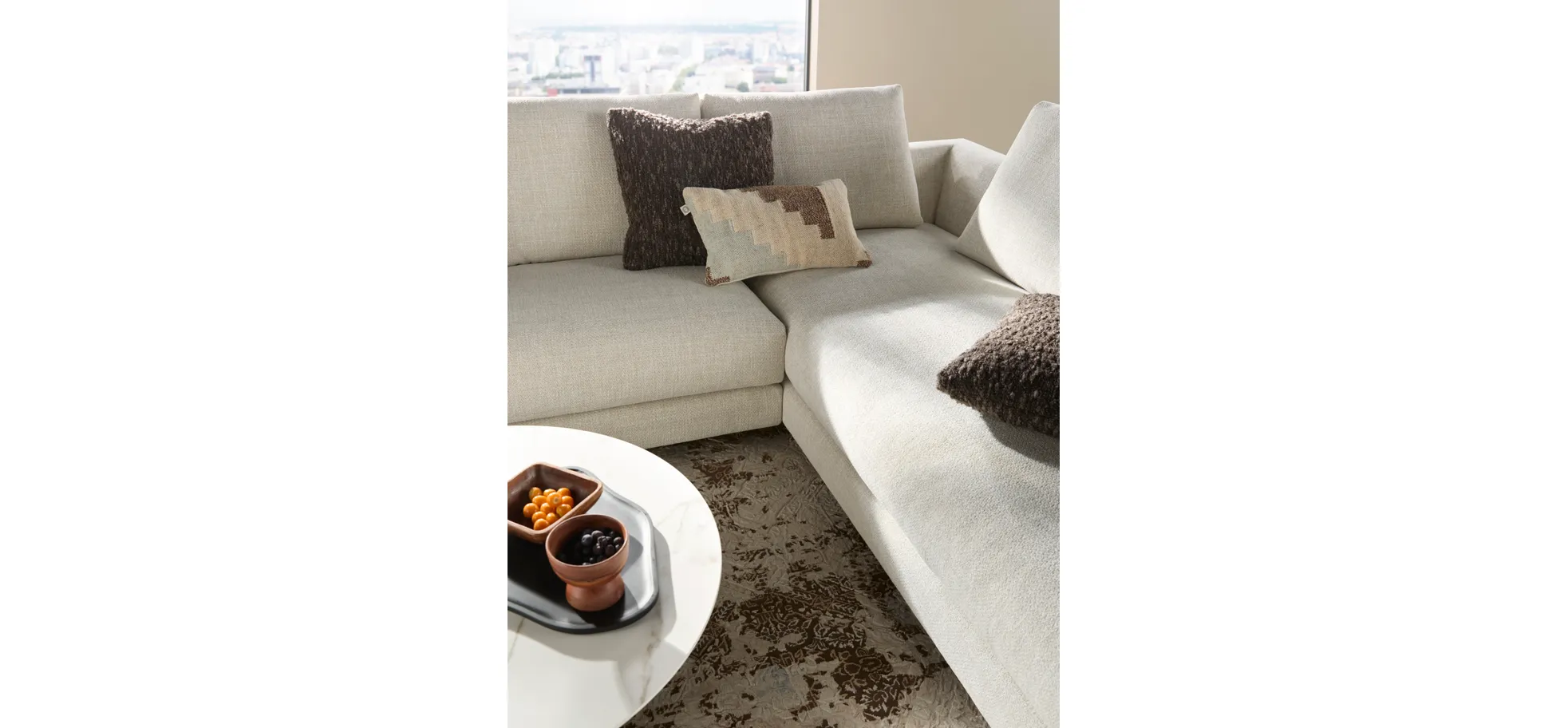 Ecksofa Cuneo Select - Ecke links, 2-Sitzer, Longchair rechts, Stoff, Offwhite