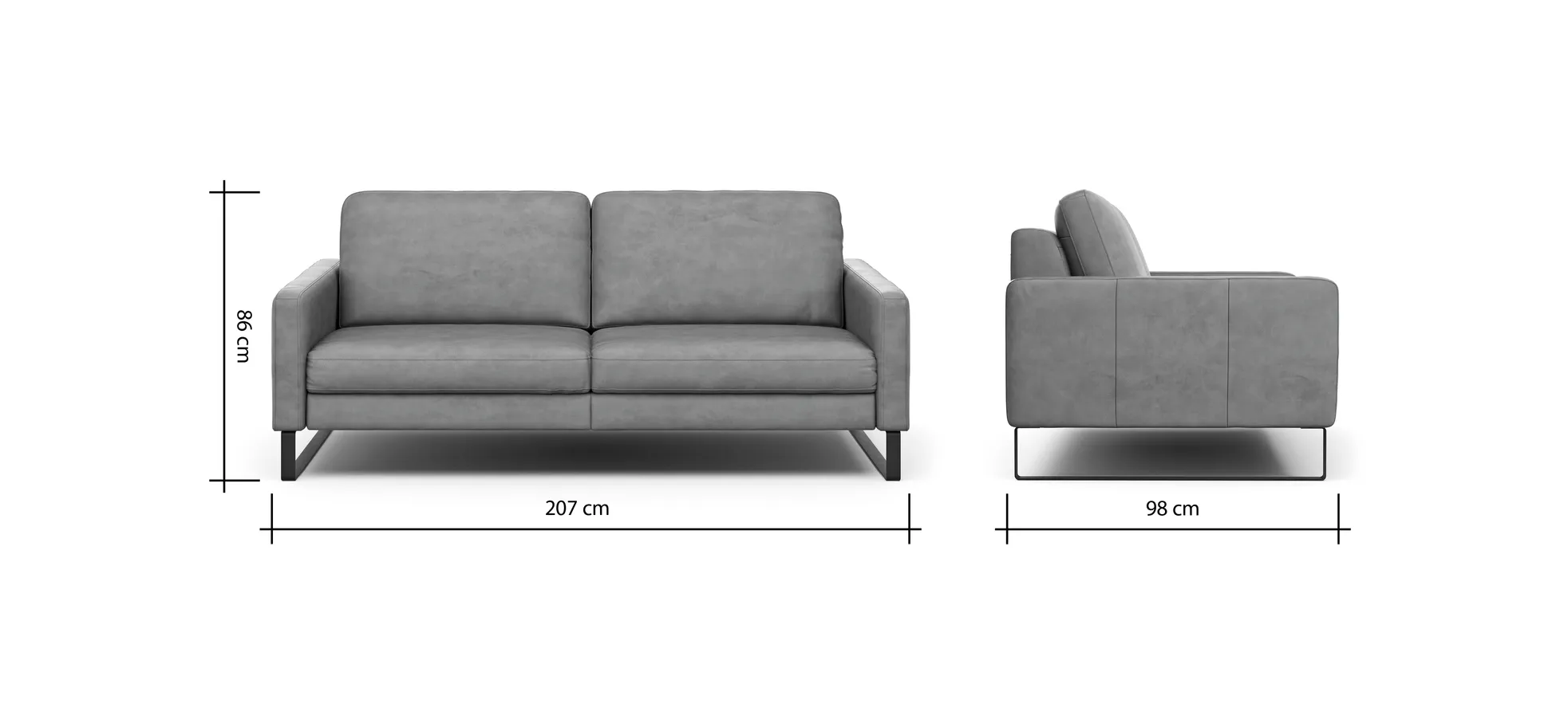 Sofa Enna - 3,5-Sitzer, Armlehne A, Leder, Schwarz, Kufe, Schwarz