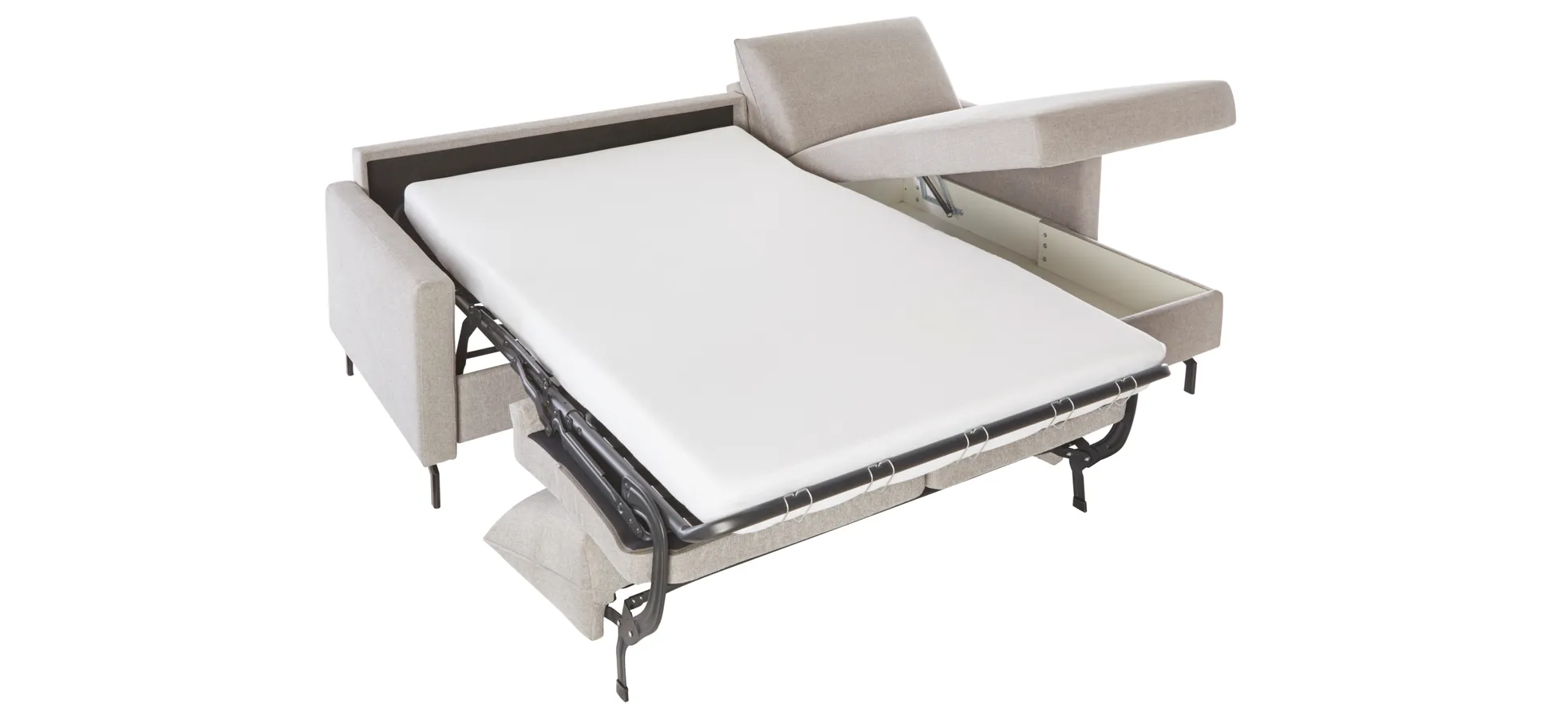 Schlafsofa Melida - 2-Sitzer mit Longchair rechts inkl. Schlaffunktion mit Bettkasten, Stoff, Hellgrau 103401