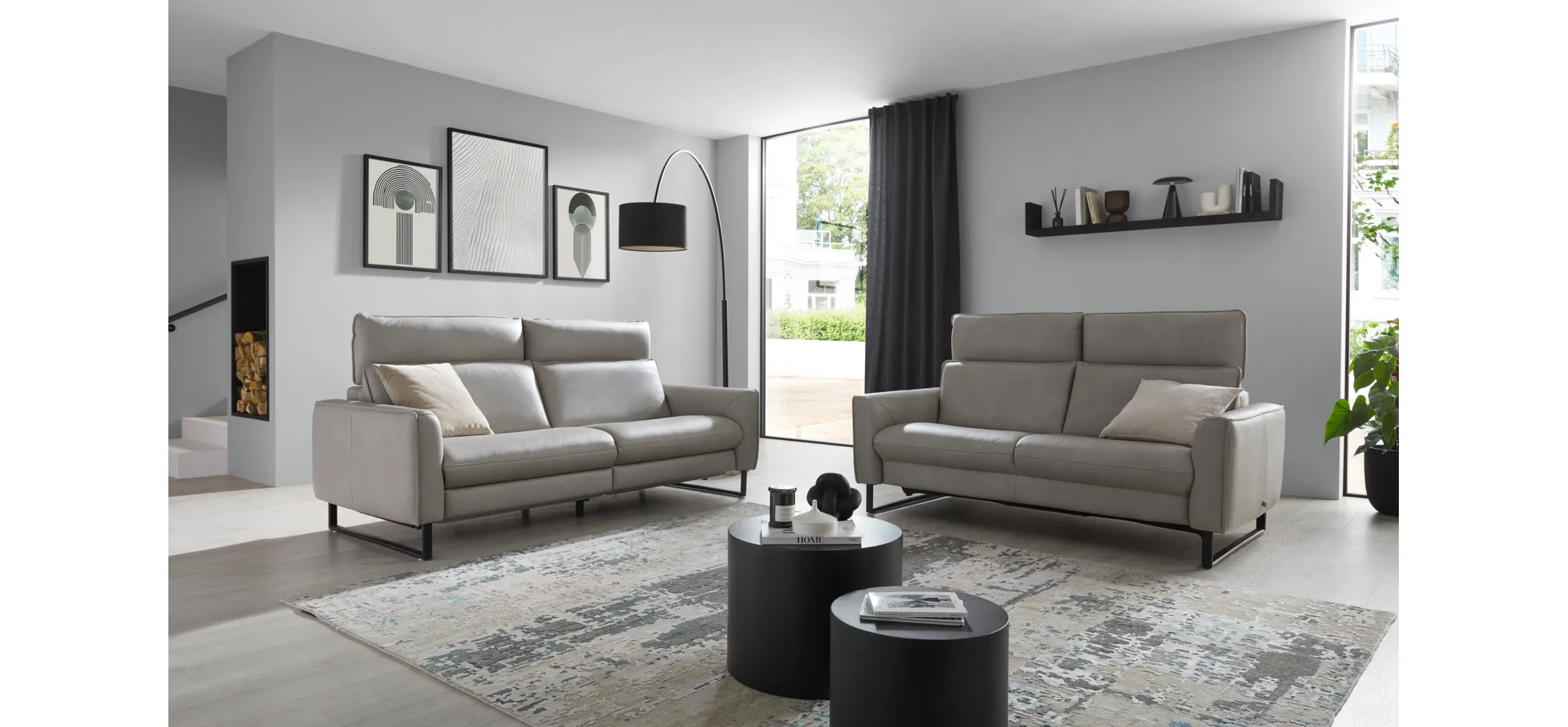Sofa Avela - 3-Sitzer inkl. Kopfteil verstellbar, Leder, Steingrau