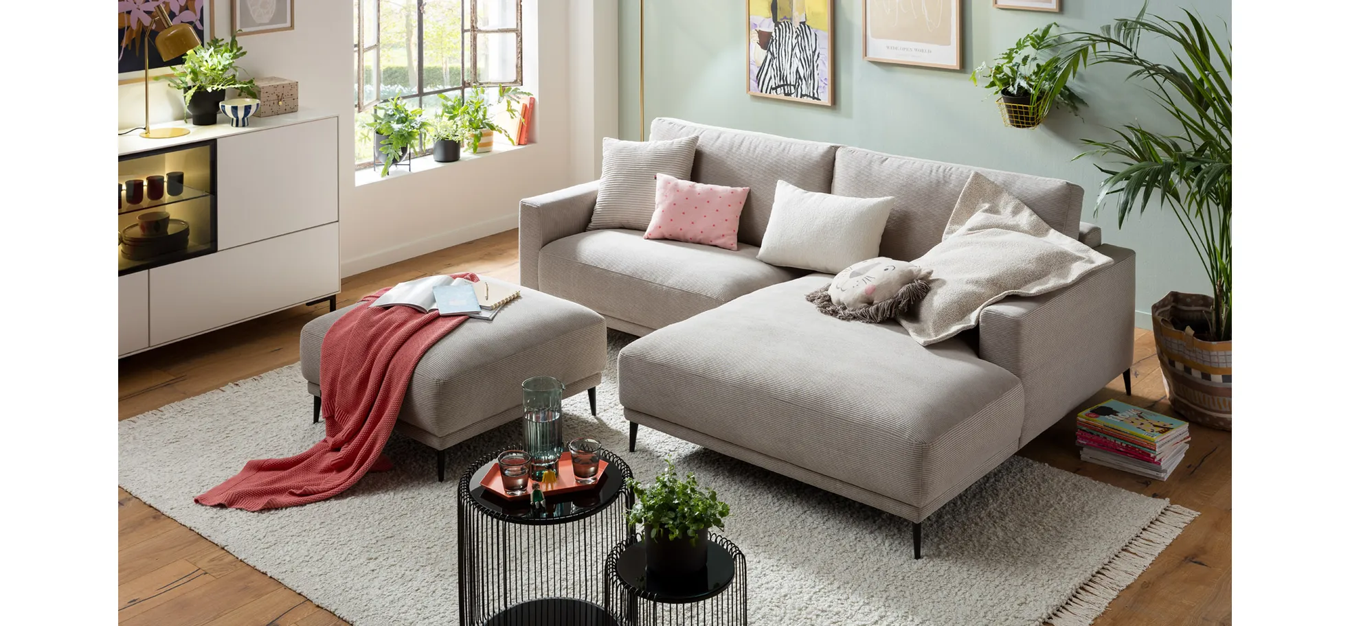 Ecksofa Solero - 1,5-Sitzer mit Longchair rechts, Stoff, Sand