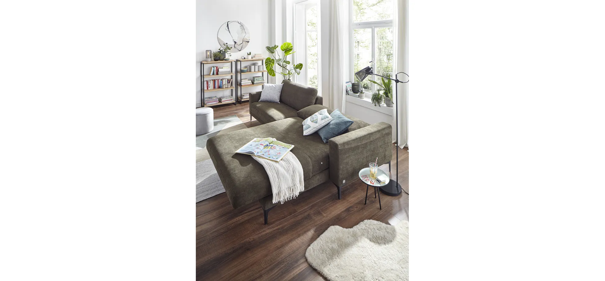 Ecksofa Oviedo - 1,5-Sitzer mit Longchair rechts inkl. Relaxfunktion (motorisch), Stoff, Braungrün