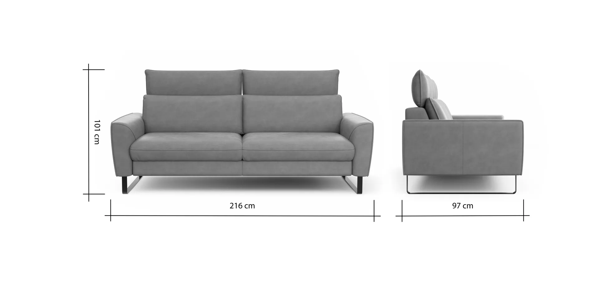 Sofa Avela - 3-Sitzer inkl. Kopfteil verstellbar, Leder, Steingrau