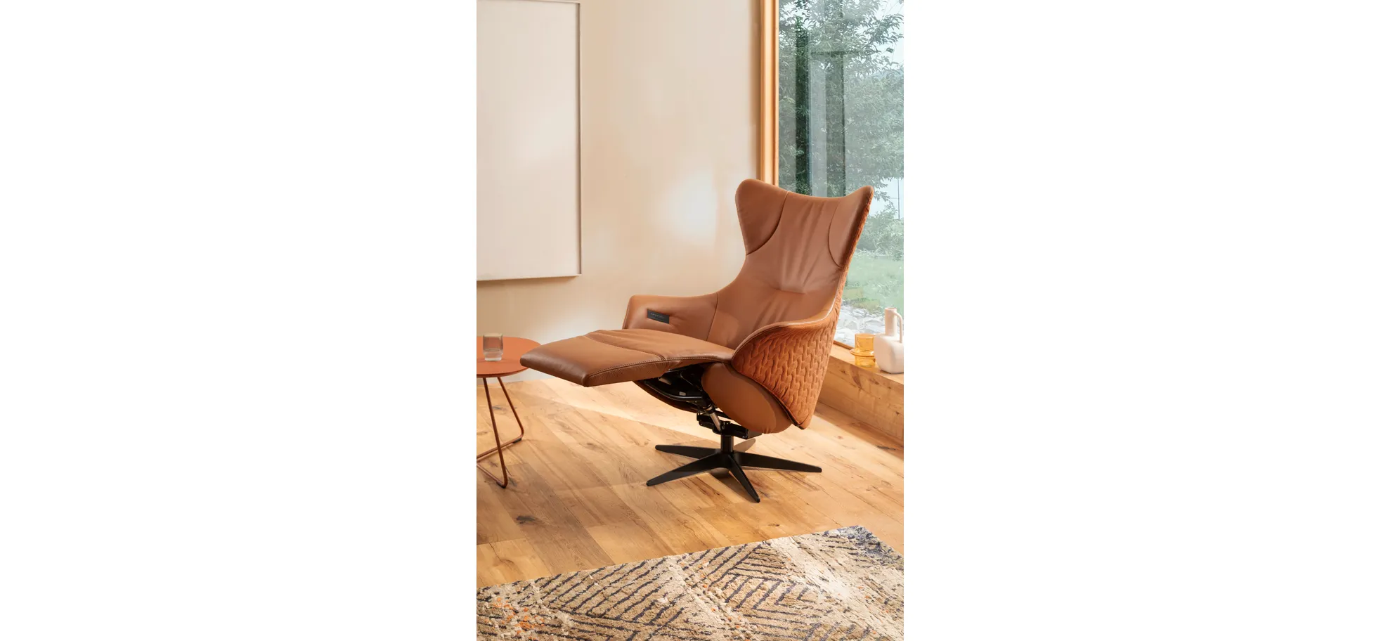 Relaxseessel Follina - Relaxfunktion (motorisch), Leder, Stoff, Cognac