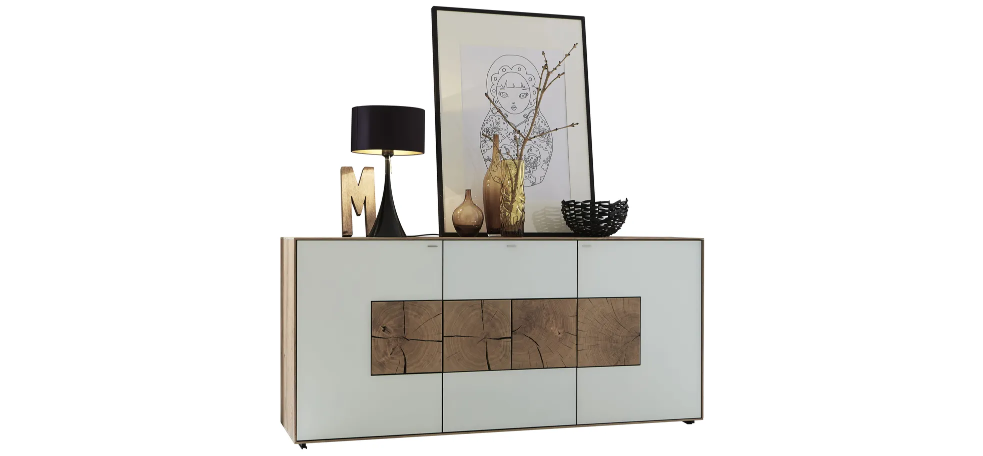Sideboard - Kerneiche massiv, Mattglas, Weiß mit Hirnholzscheiben