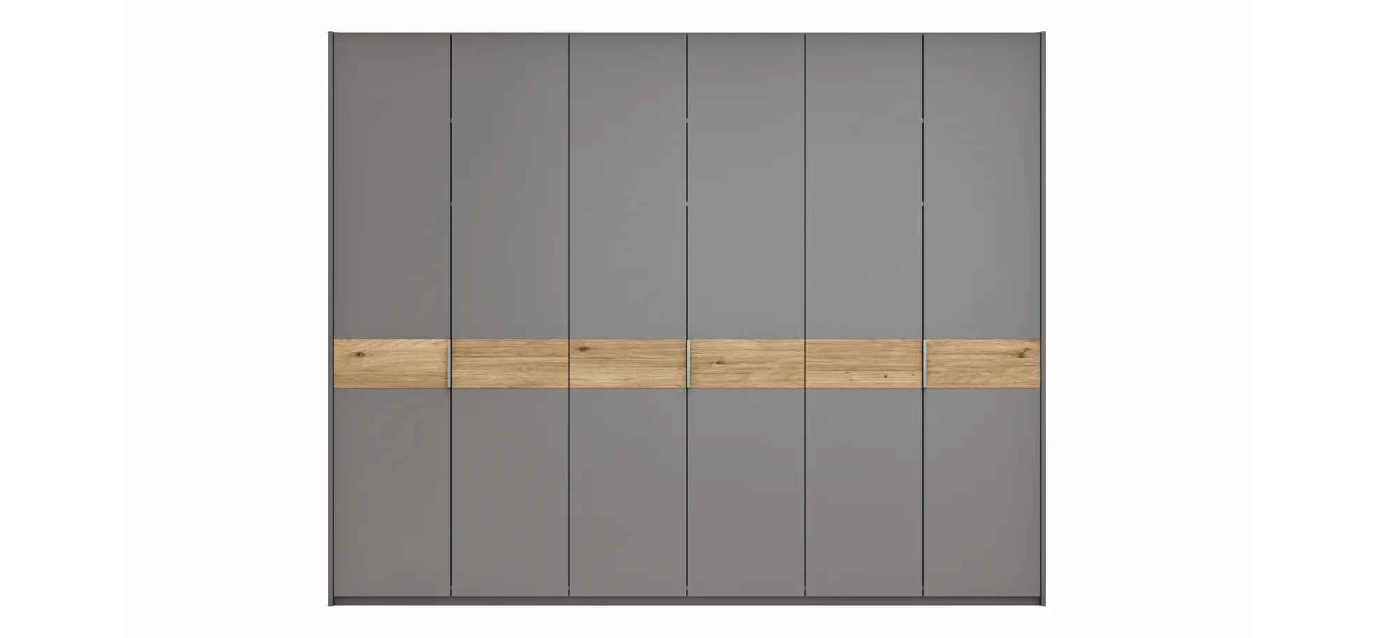 Drehtürenschrank Viana - B ca. 303 cm, Lack, Steingrau, Riffholz, Wildeiche