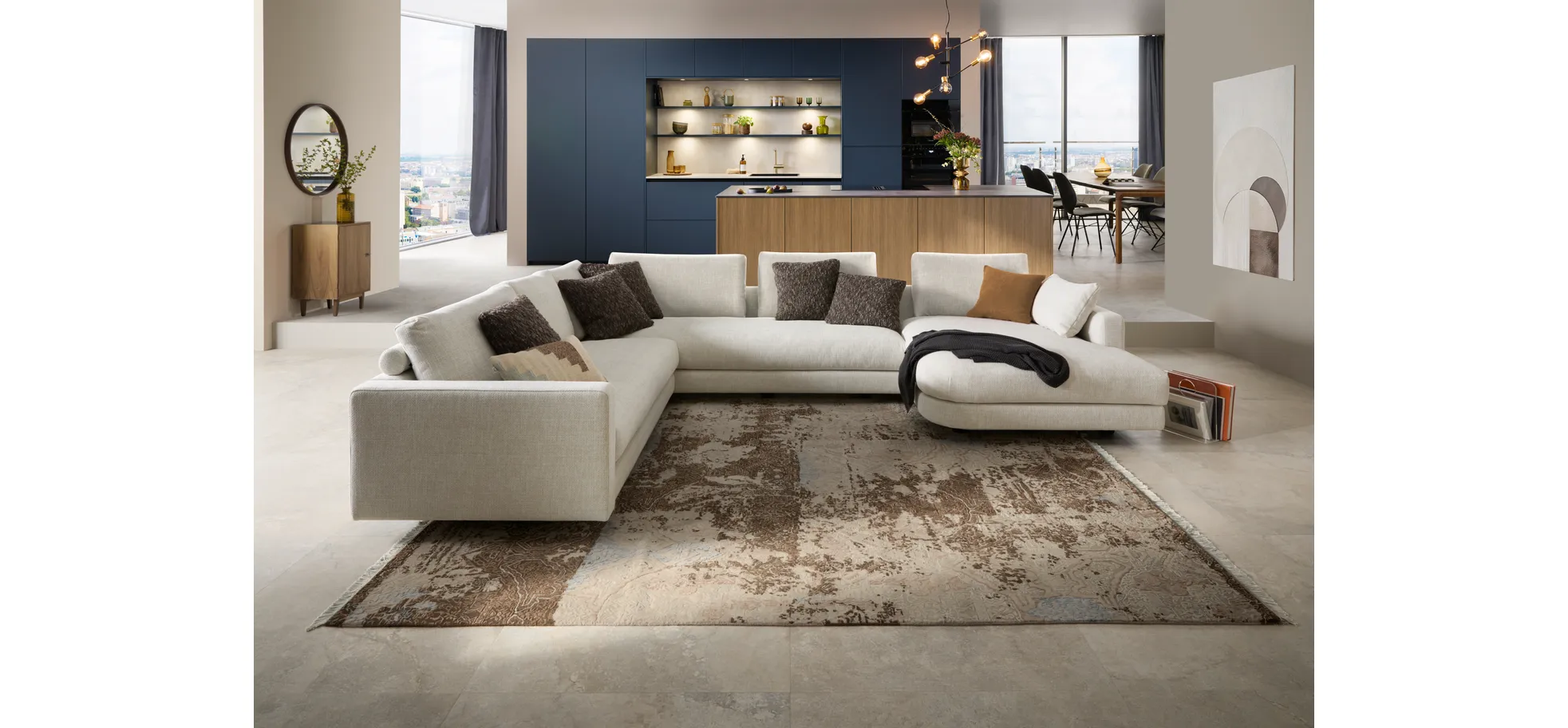 Ecksofa Cuneo Select - Ecke links, 2-Sitzer, Longchair rechts, Stoff, Offwhite