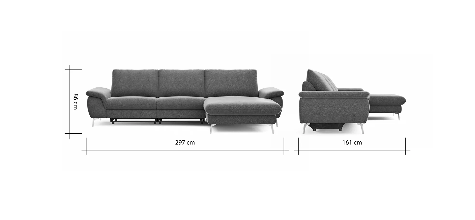 Ecksofa Gotera - 1,5-Sitzer med. + 1,5-Sitzer med. mit Longchair rechts inkl. Rückenlehne verstellbar, Stoff, Anthrazit