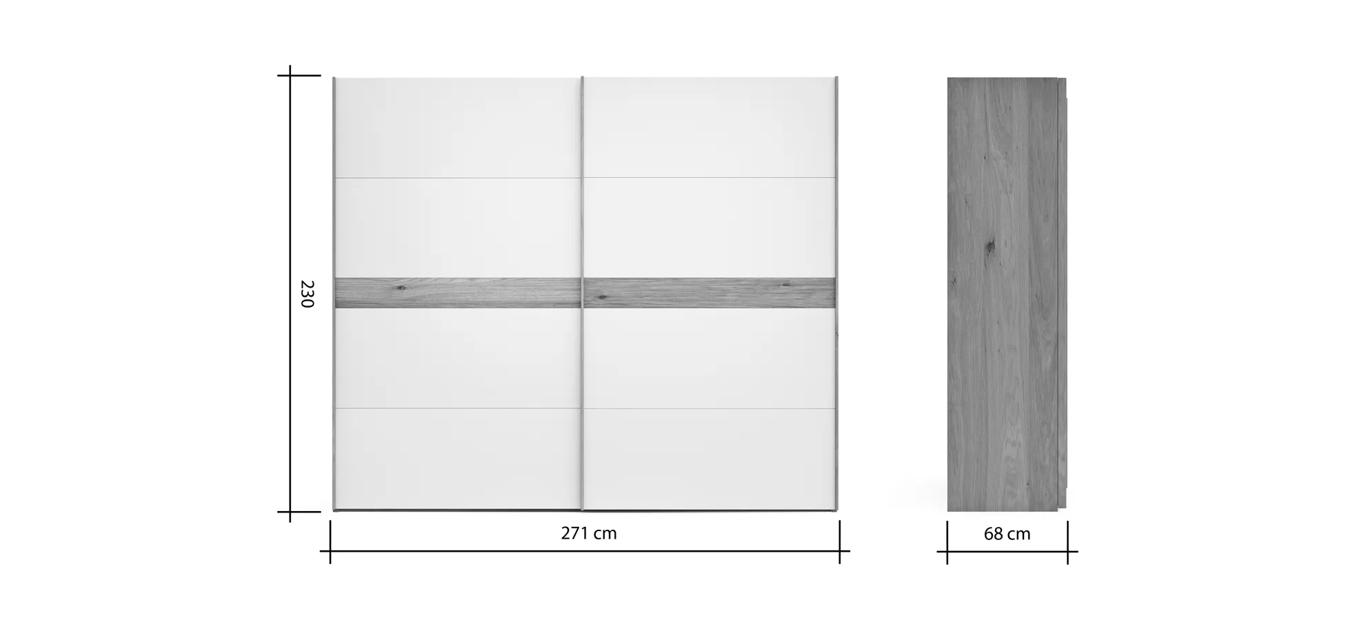 Schwebetürenschrank Viana - B ca. 271 cm, Lack, Steingrau, Riffholz, Balkeneiche
