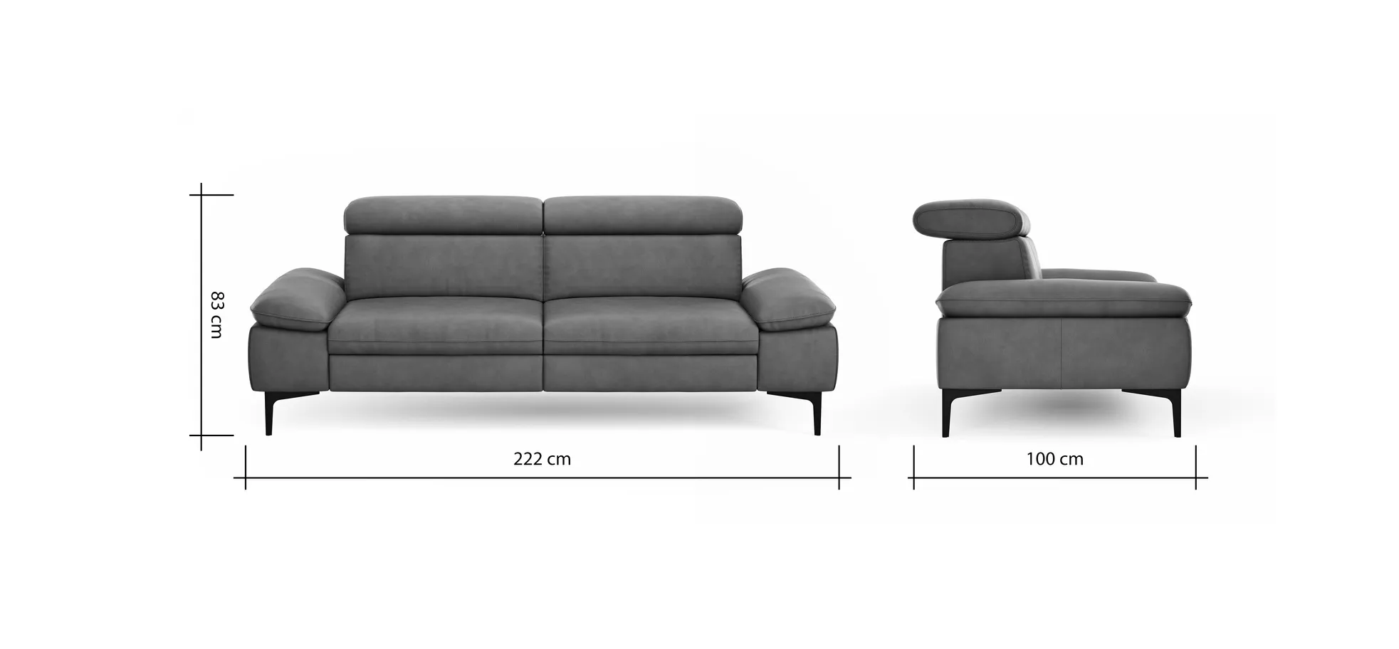 Sofa Felipa - 3-Sitzer inkl. Kopfteil verstellbar, Leder, Grau