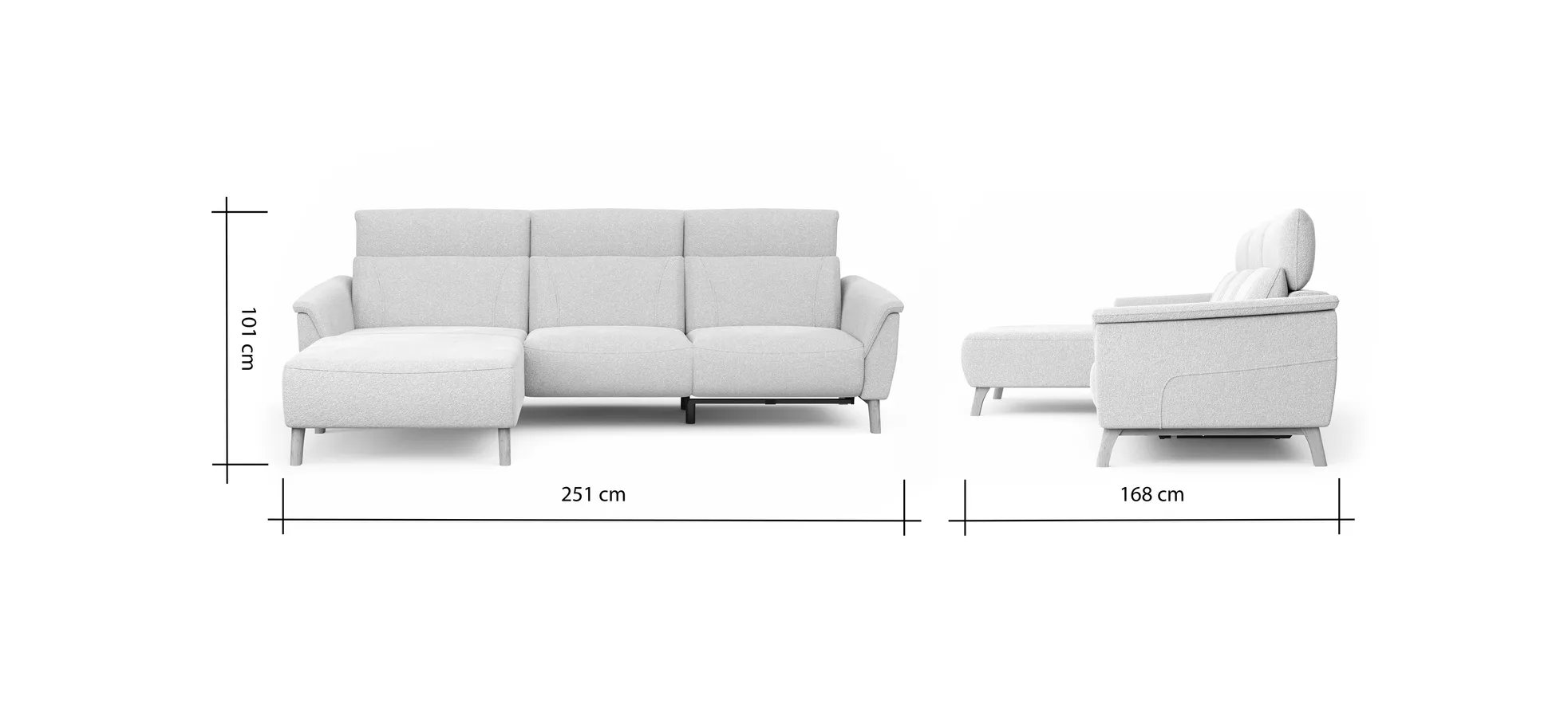 Ecksofa Nevin - Longchair links mit 2-Sitzer rechts, inkl. Relaxfunktion (motorisch) und Kopfpolsterverstellung, Stoff, Weiß