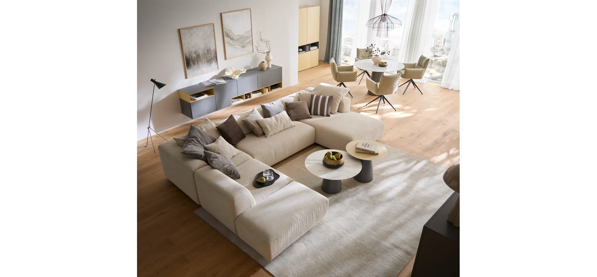 Ecksofa Caruso - Ecke links, 2-Sitzer, Longchair rechts, inklusive Kissen, Stoff, Ecru
