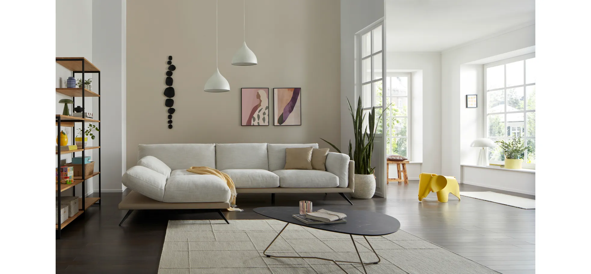 Ecksofa Valdemoro - Longchair mit 2,5-Sitzer rechts inkl. Rückenlehne verstellbar, Stoff, Creme