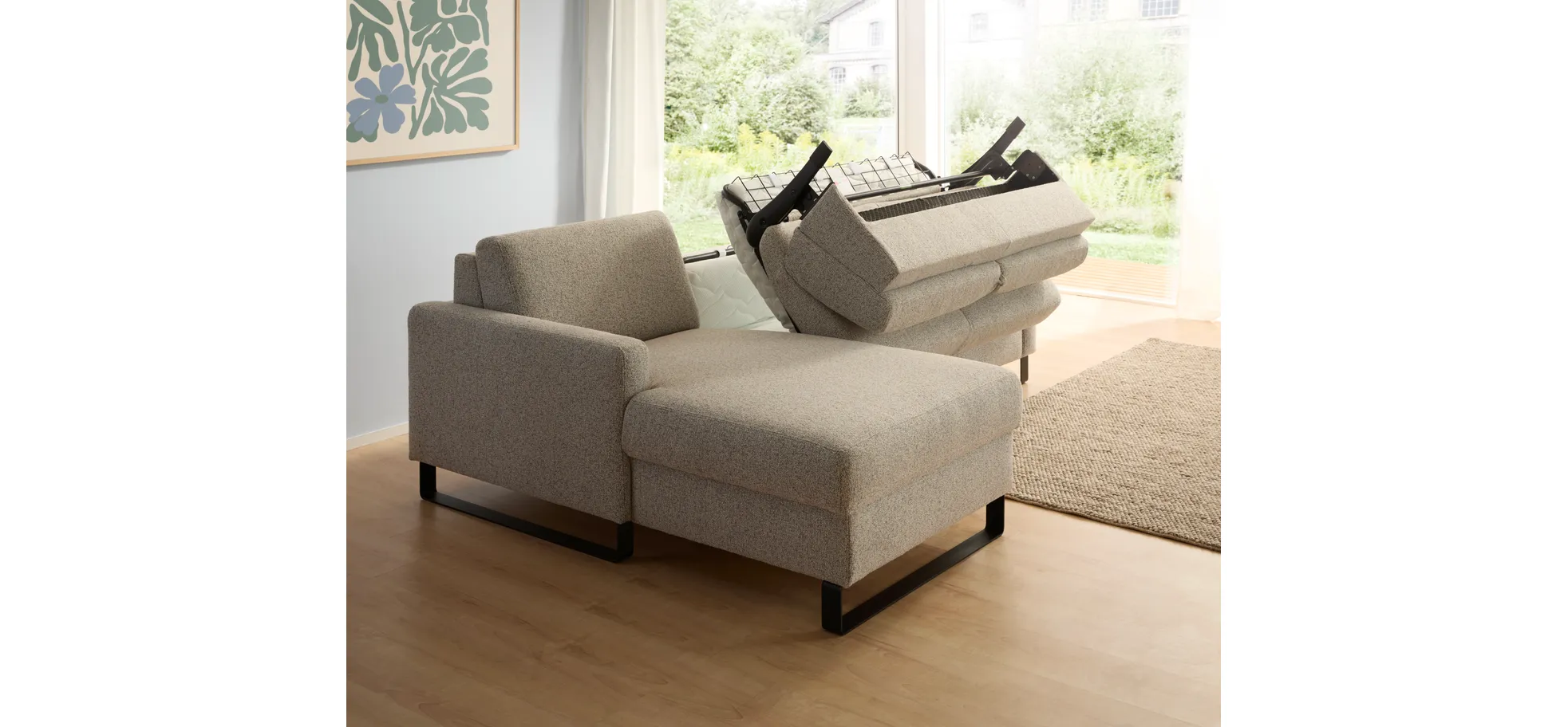 Schlafsofa Laredo - Longchair mit 2-Sitzer rechts inkl. Schlaffunktion mit Bettkasten, Stoff, Graubeige