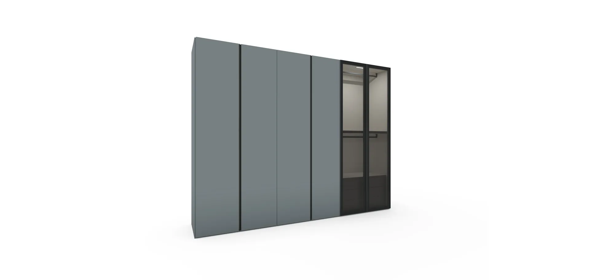 Drehtürenschrank Loretto - B ca. 304 cm, Lack matt, Hellgrau, Rauchglas 123781