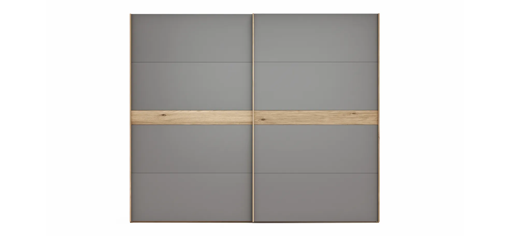 Schwebetürenschrank Viana - B ca. 271 cm, Lack, Steingrau, Riffholz, Balkeneiche