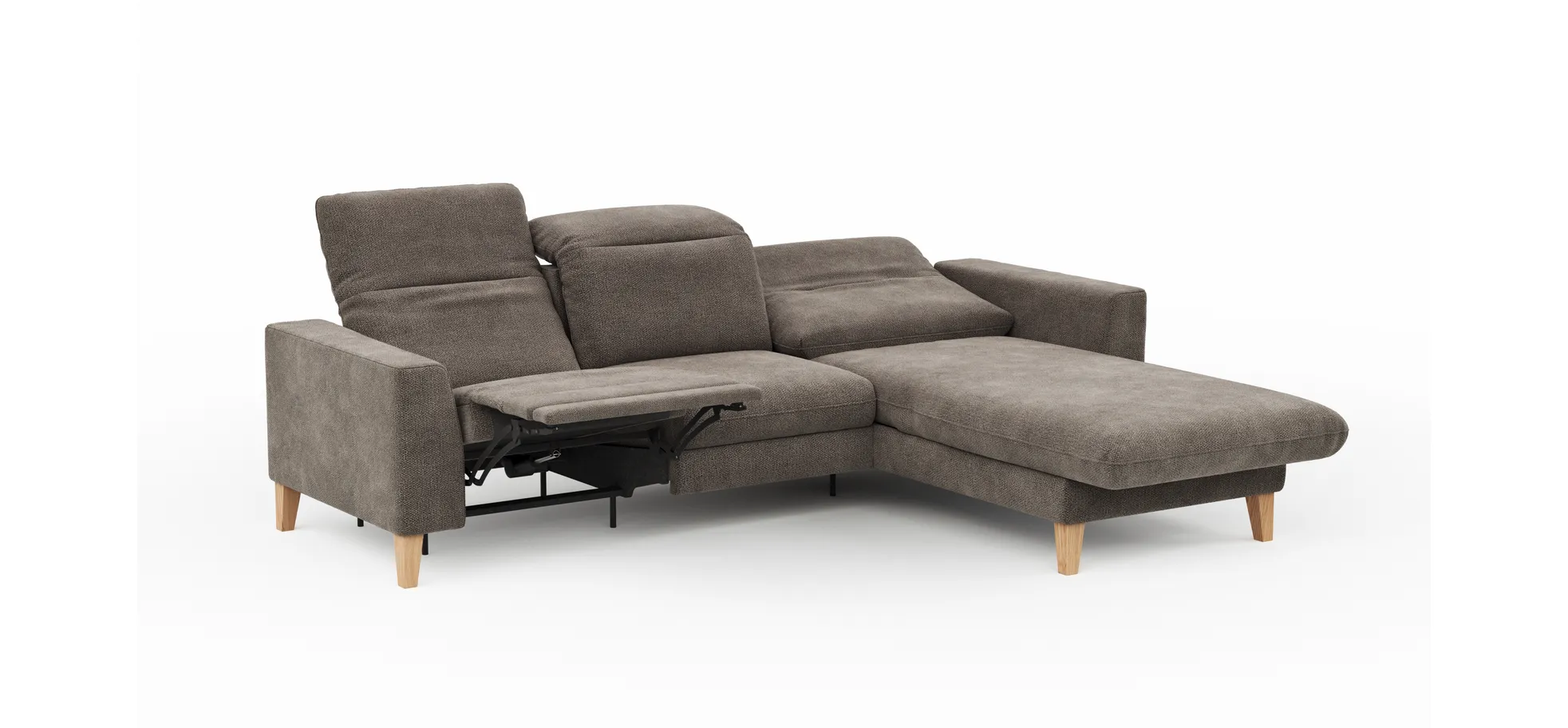Ecksofa Alegria Plus - 2,5-Sitzer mit Longchair rechts inkl. Kopfteil verstellbar (motorisch+manuell) und Relaxfunktion (motorisch), Stoff, Nougat