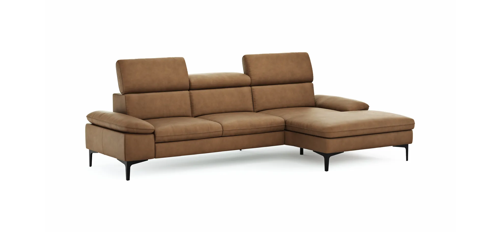 Ecksofa Felipa - 2,5-Sitzer mit Longchair rechts inkl. Kopfteil verstellbar, Leder, Cognac