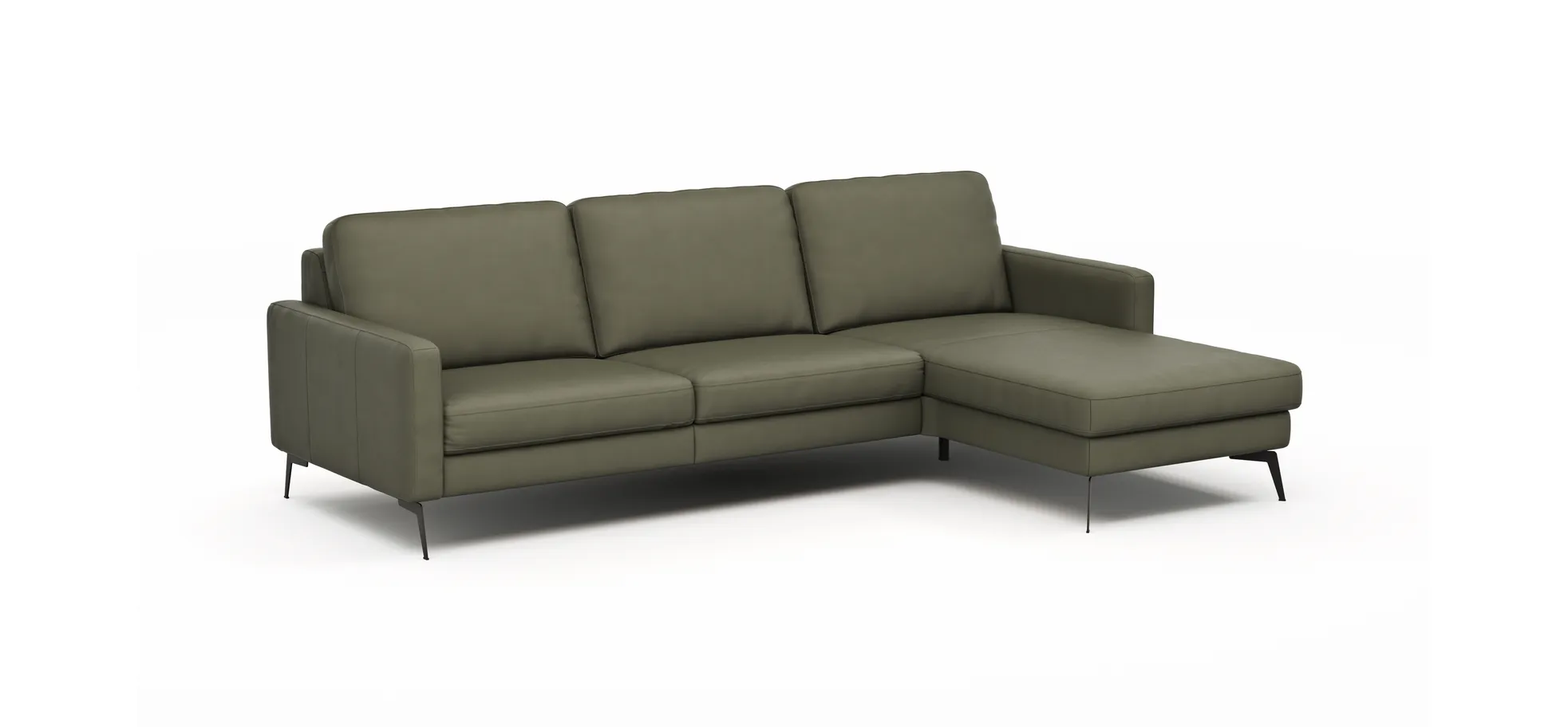 Ecksofa Enna - 3-Sitzer mit Longchair rechts, Armlehne A, Leder, Olive